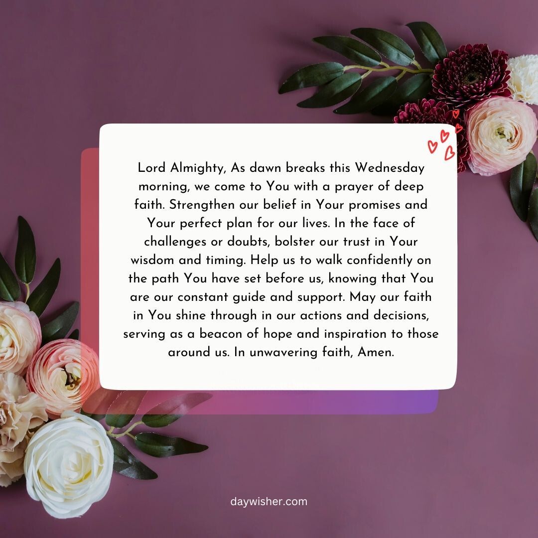 A flat lay image featuring a note with a Wednesday Morning Prayer surrounded by beautiful flowers on a pink background.