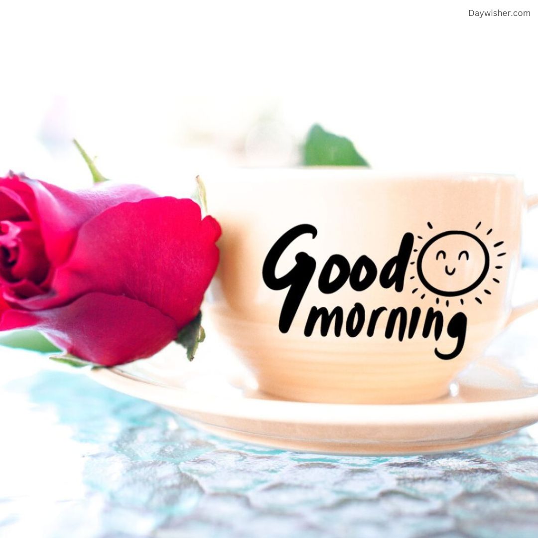 A light cream-colored tea cup with "Good Morning Love" written on it, accompanied by a smiling doodle. Next to the cup is a bright red rose, all set against a softly blurred background