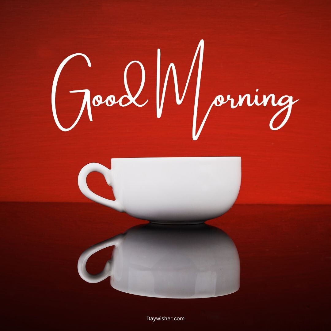 A white coffee cup on a reflective surface against a red background with "good morning" written in special white cursive text above it.