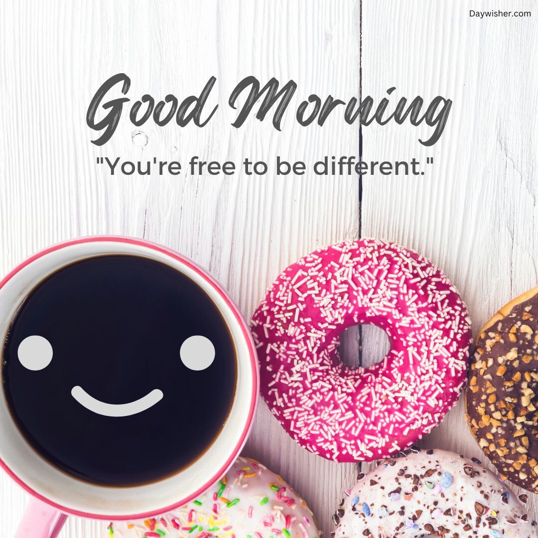 The image shows a cup of coffee and four colorful donuts on a wooden table, with the text "special good morning" and the quote "you're free to be different." displayed above.