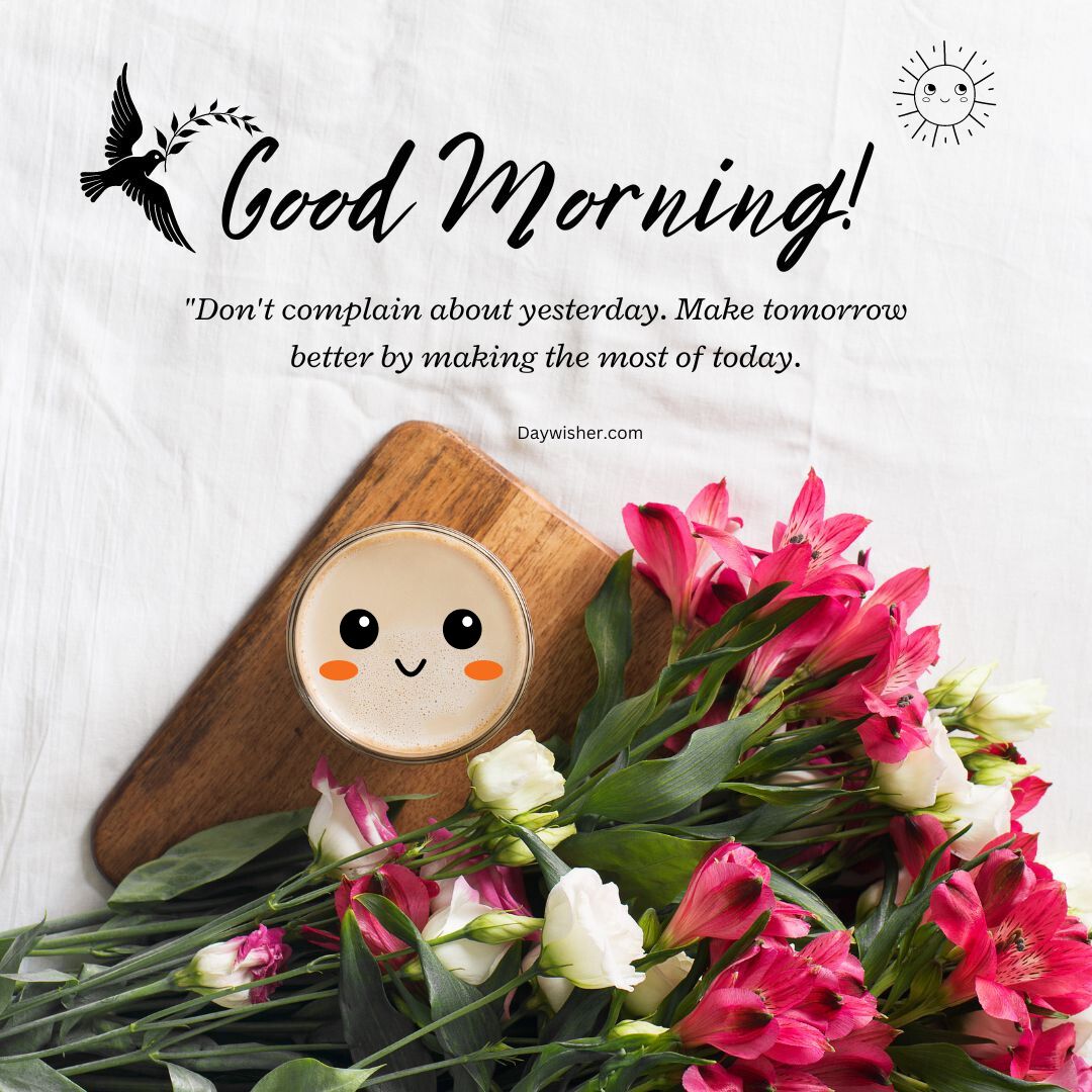 A cheerful graphic saying "special good morning!" with a quote about making the most of today, featuring a smiley face on a piece of toast surrounded by vibrant pink and white flowers on a