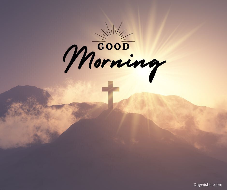 A serene image featuring a sunrise behind mountains with a silhouette of a cross. The sky is lit with soft hues and the words "special good morning" displayed at the top.