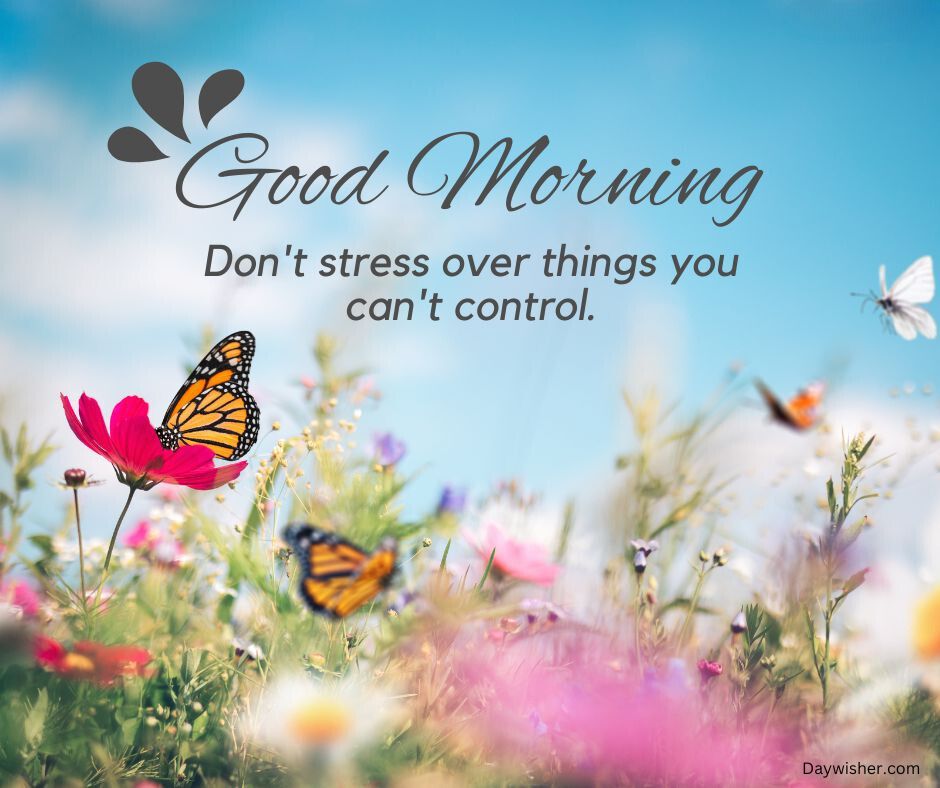 A bright, inspirational "special good morning" greeting card with butterflies above vibrant wildflowers under a blue sky, conveying the message, "don't stress over things you can't control.