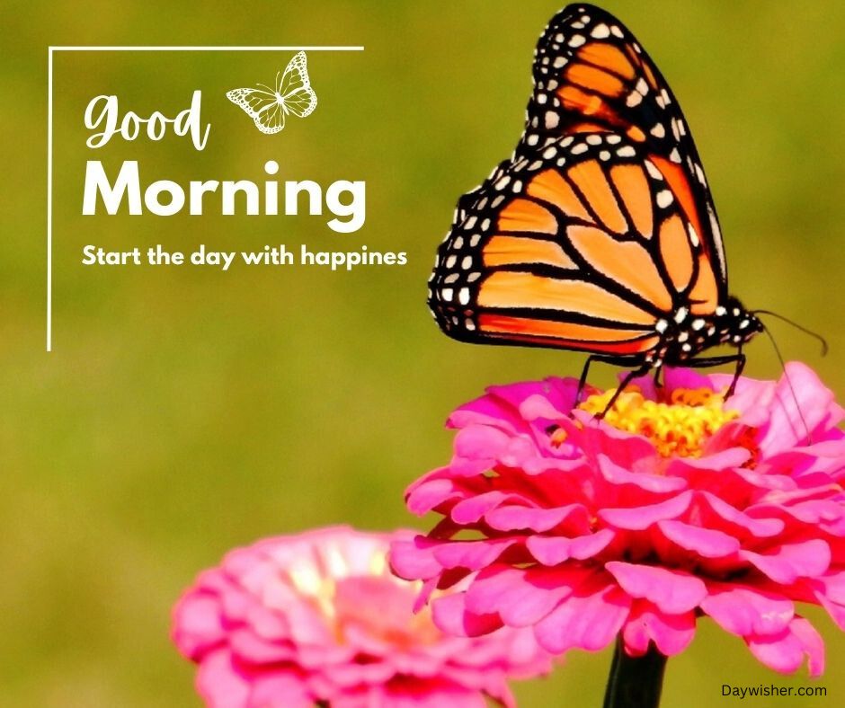 A vibrant monarch butterfly perched on pink flowers with a green background reading 'special good morning' and 'start the day with happiness.'.
