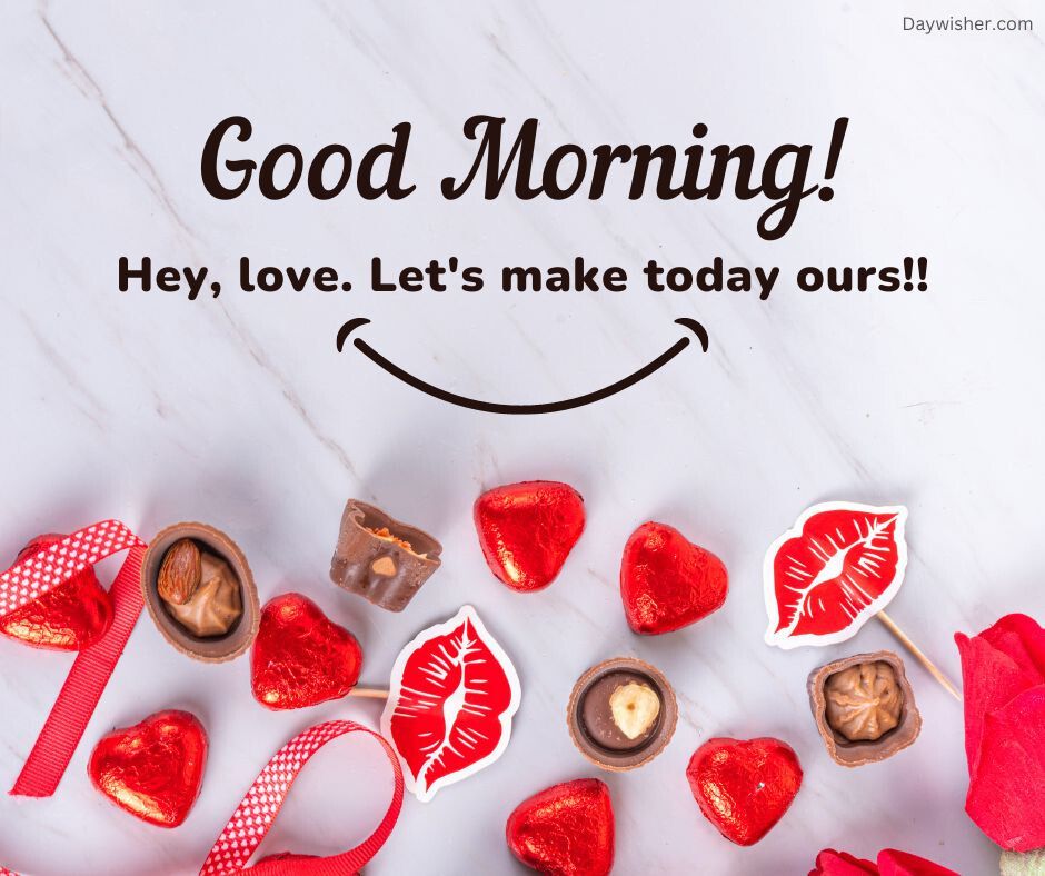 Image featuring a "Good Morning Love!" greeting with text "hey, love. let's make today ours!!" amid scattered red heart-shaped candies and chocolates, rose petals, and red ribbons on
