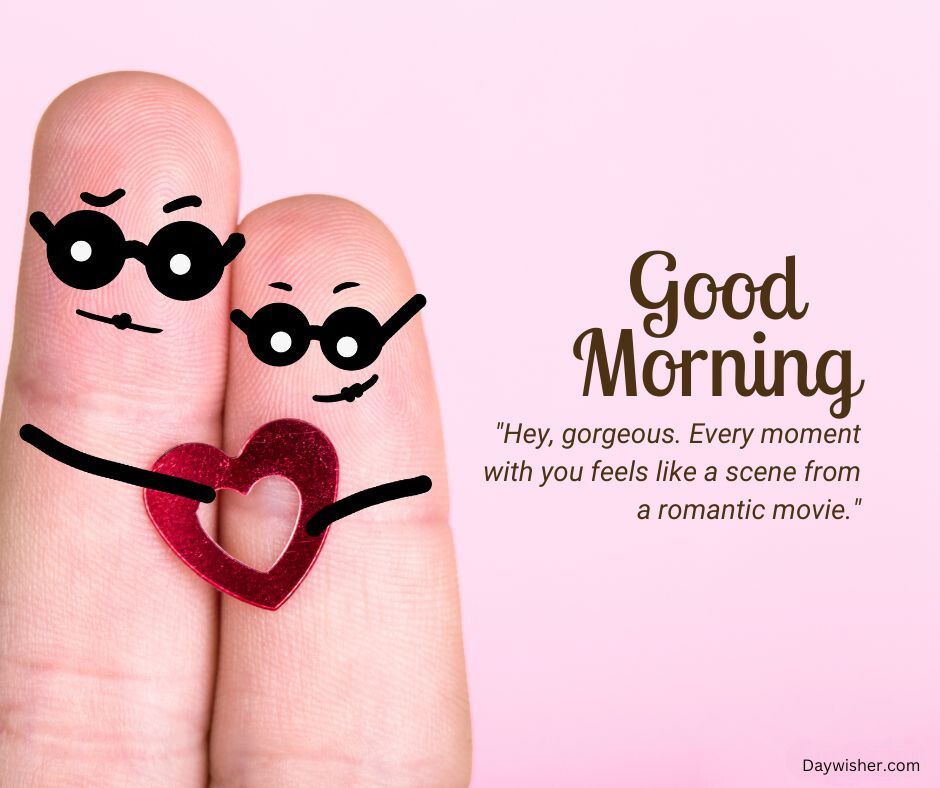 Two fingers with drawn faces and glasses, holding a red glittery heart, against a pink background with the text "Good Morning Love" and a romantic quote.
