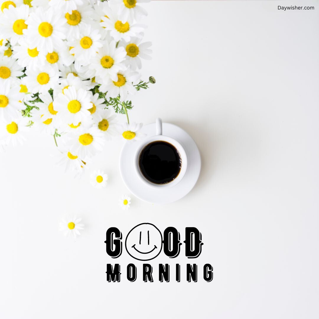 A minimalist photo of a cup of coffee beside a bouquet of white and yellow daisies on a white surface, with the words "special good morning" below the cup.