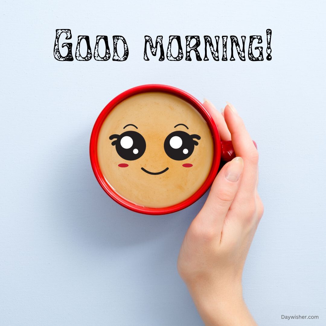 A cup of coffee with a cute, smiling face design on its surface, held by a hand against a light blue background, with the text "special good morning!" above it.