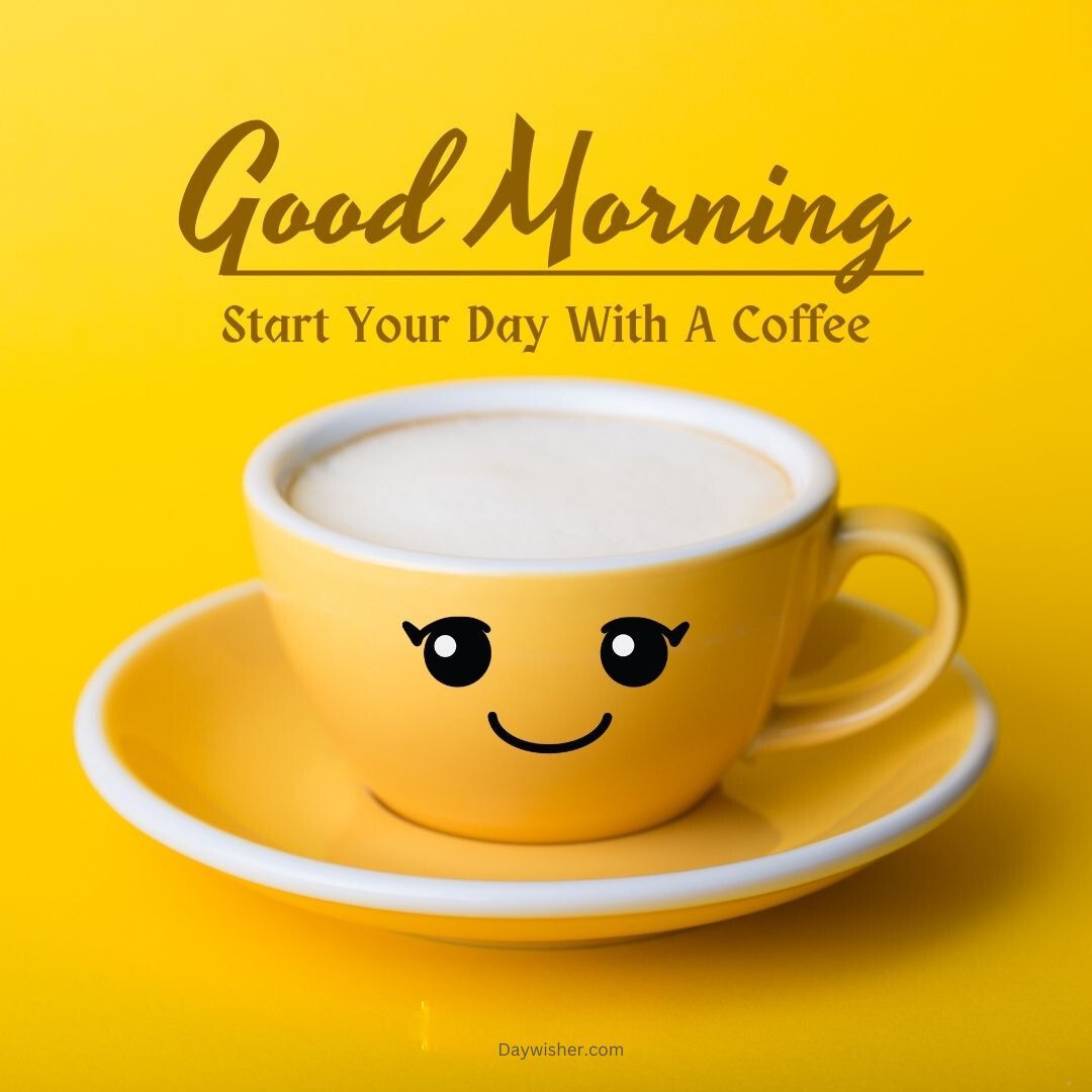 A cheerful yellow coffee cup with a cute face on a yellow background, accompanied by text that reads "today special good morning - start your day with a coffee.