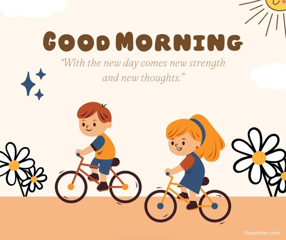 Illustration of a special person and a child riding bicycles under a "good morning" greeting, featuring a quote about new strength and thoughts, with a large daisy and stars in a playful background.