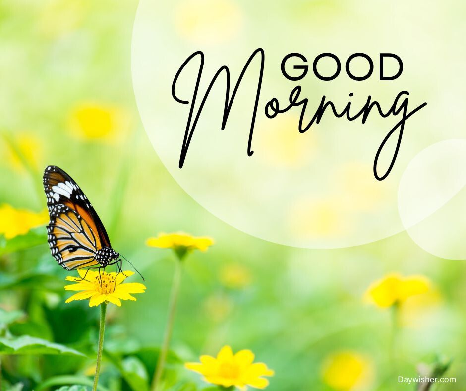 A vibrant image featuring a monarch butterfly perched on a yellow flower with the text "special good morning" in elegant script against a soft-focus green background.