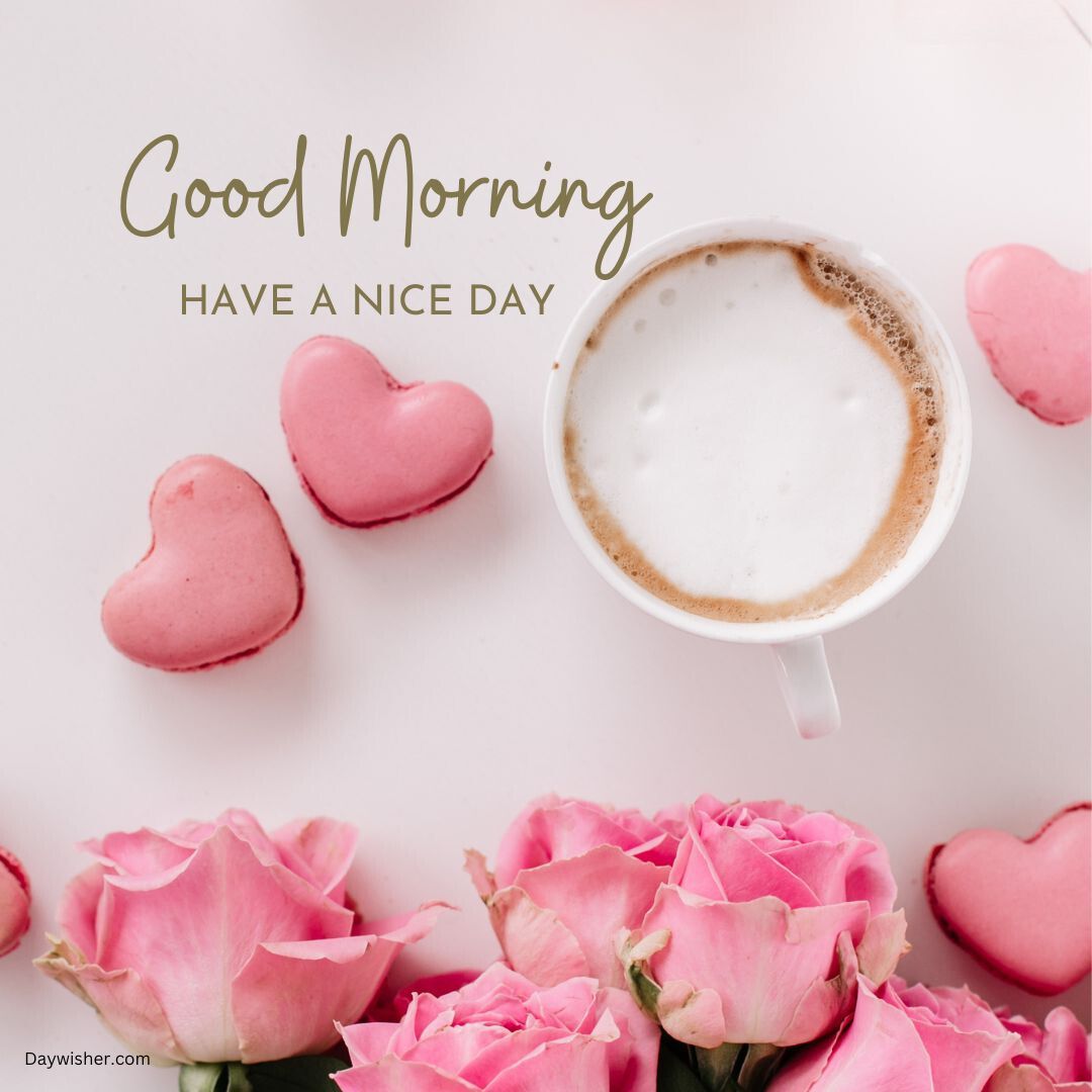 An image saying "special good morning, have a nice day" featuring a cup of coffee surrounded by pink roses and heart-shaped cookies on a light background.