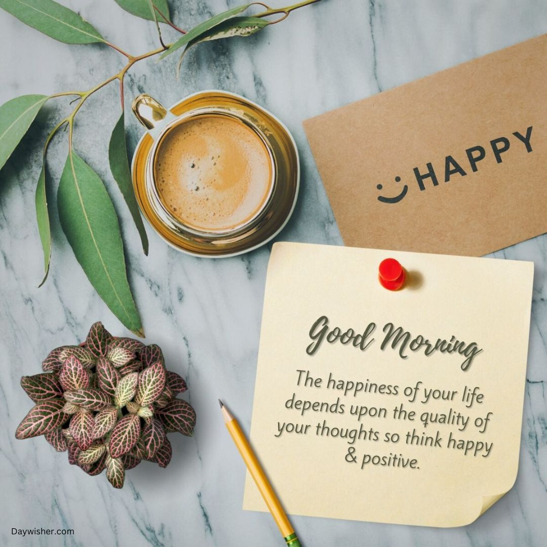 A flat lay photo featuring a "special good morning" note with an inspirational quote, a cup of coffee, a "happy" sign, a pencil, and decorative leaves on a marble surface.