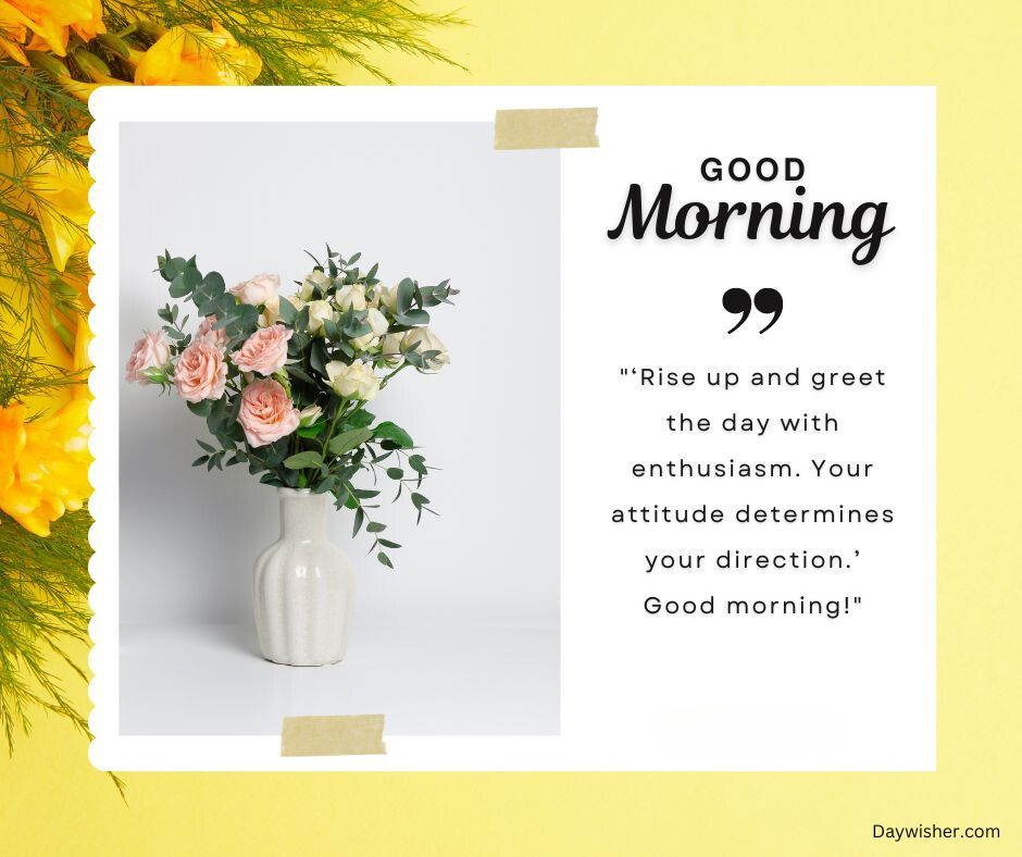 A cheerful greeting card with the text "today special good morning" next to a small vase of pastel roses and greenery on a white background, set against a vibrant yellow backdrop with floral accents.