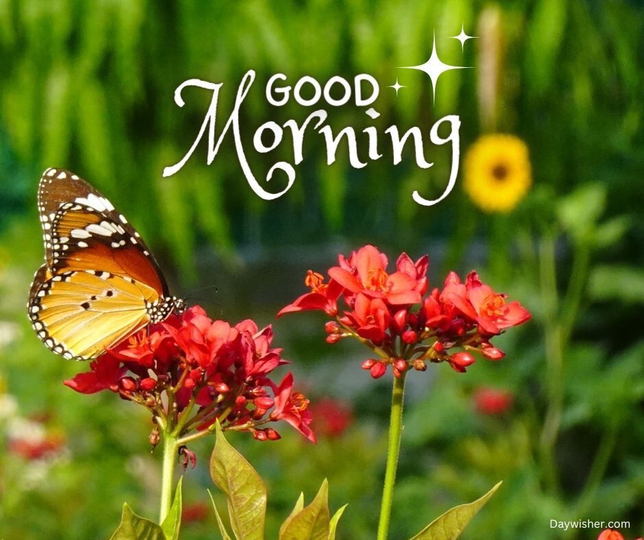 A vibrant "special good morning" graphic with a butterfly perched on bright red flowers, set against a green and sunlit background with a blurred sunflower.