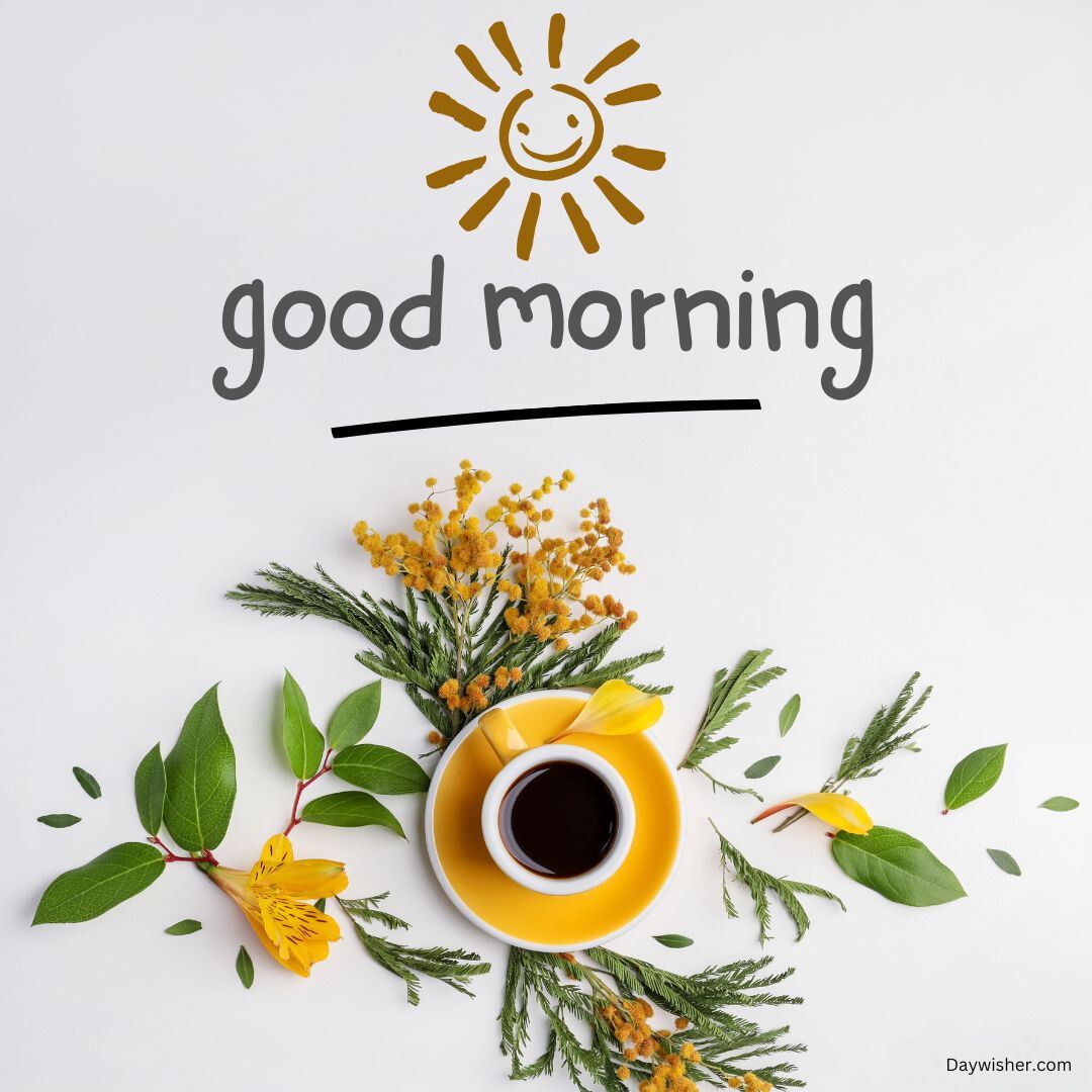 A cheerful "good morning" greeting card for a special person, featuring a top view of a yellow coffee cup surrounded by yellow flowers and green leaves on a white background.