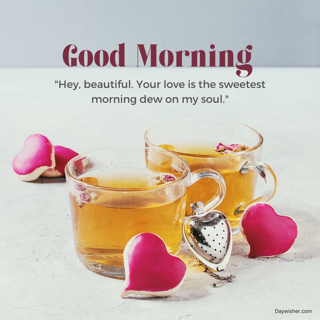 Two cups of tea with heart-shaped tea infusers and cookies beside a "good morning love" message with a romantic quote on a light background.