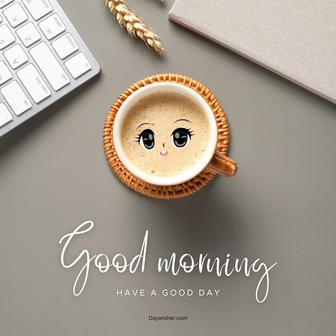 A whimsical morning coffee cup with a cute face drawn in the foam, sitting on a desk next to a keyboard and notebook, featuring "special good morning, have a good day" text.