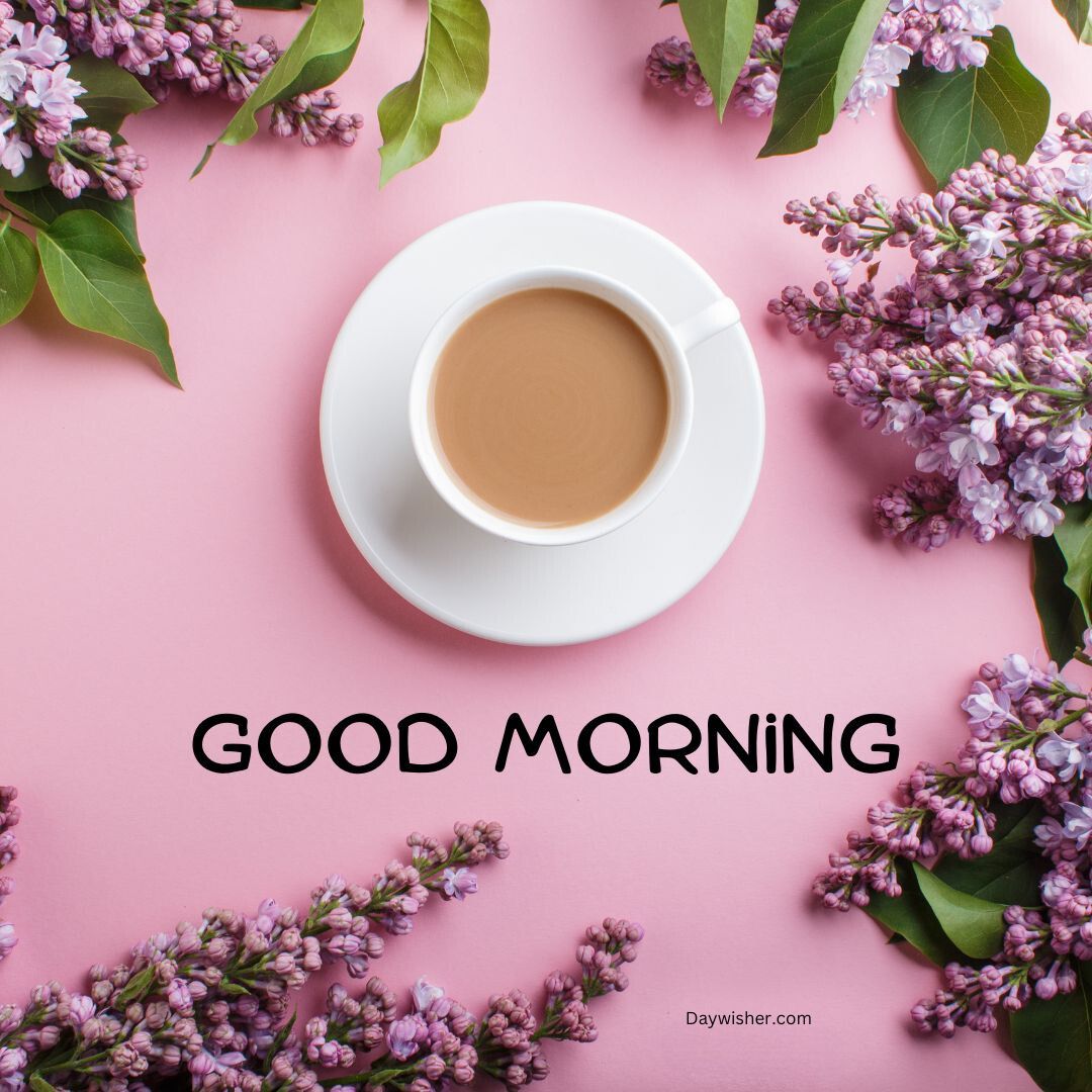 A white cup of coffee centered on a pink background, surrounded by lilac flowers with the text "special good morning" overlaid.
