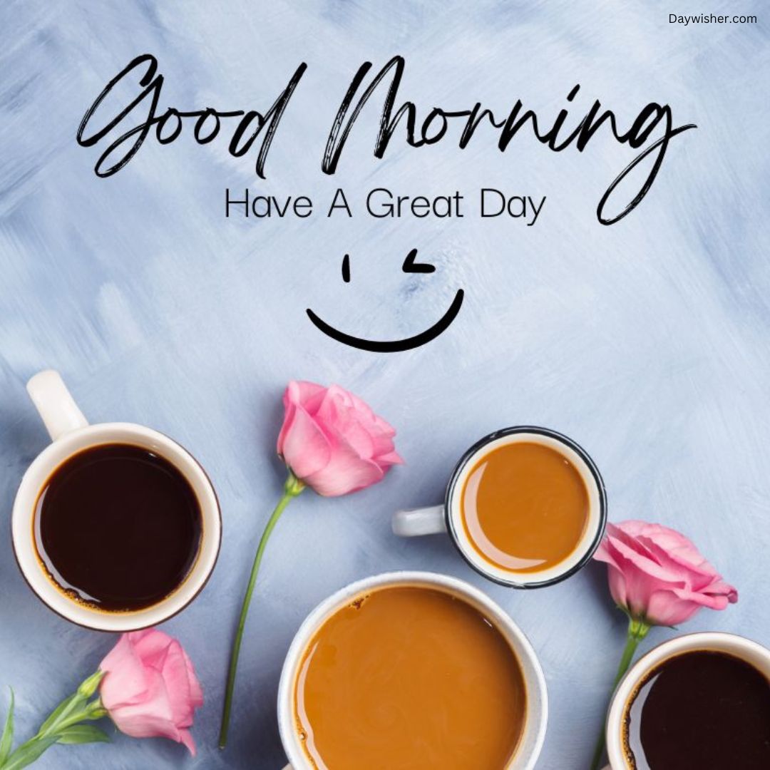 Image displaying a "good morning, have a great day" message with quotes and a smiley face, surrounded by three cups of coffee and two pink tulips on a light blue background.