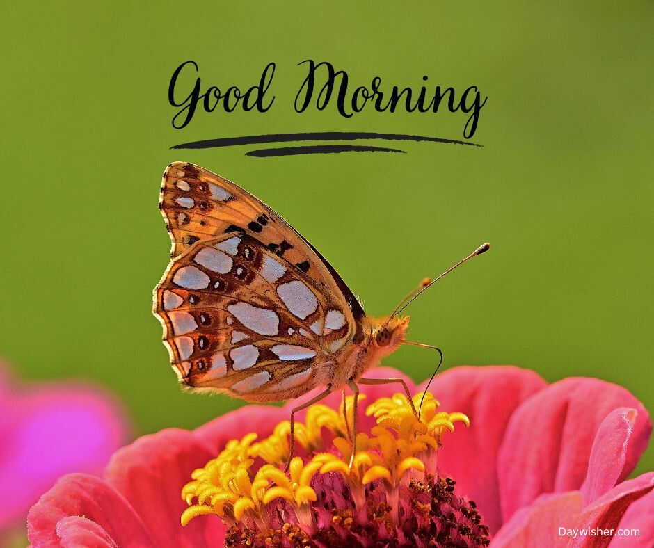 A vibrant orange and brown butterfly with intricate patterns on its wings perched on a pink flower with a "today special good morning" text above, set against a green background.