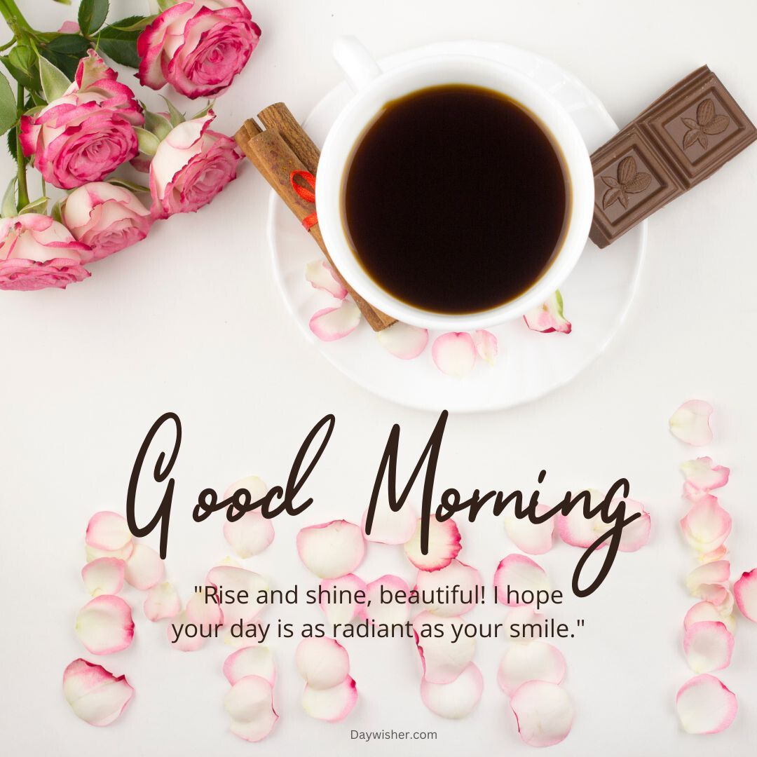 A flat lay featuring a cup of coffee, a piece of chocolate, and vibrant pink roses scattered with petals around, alongside "Good Morning Love" greeting with an uplifting quote.