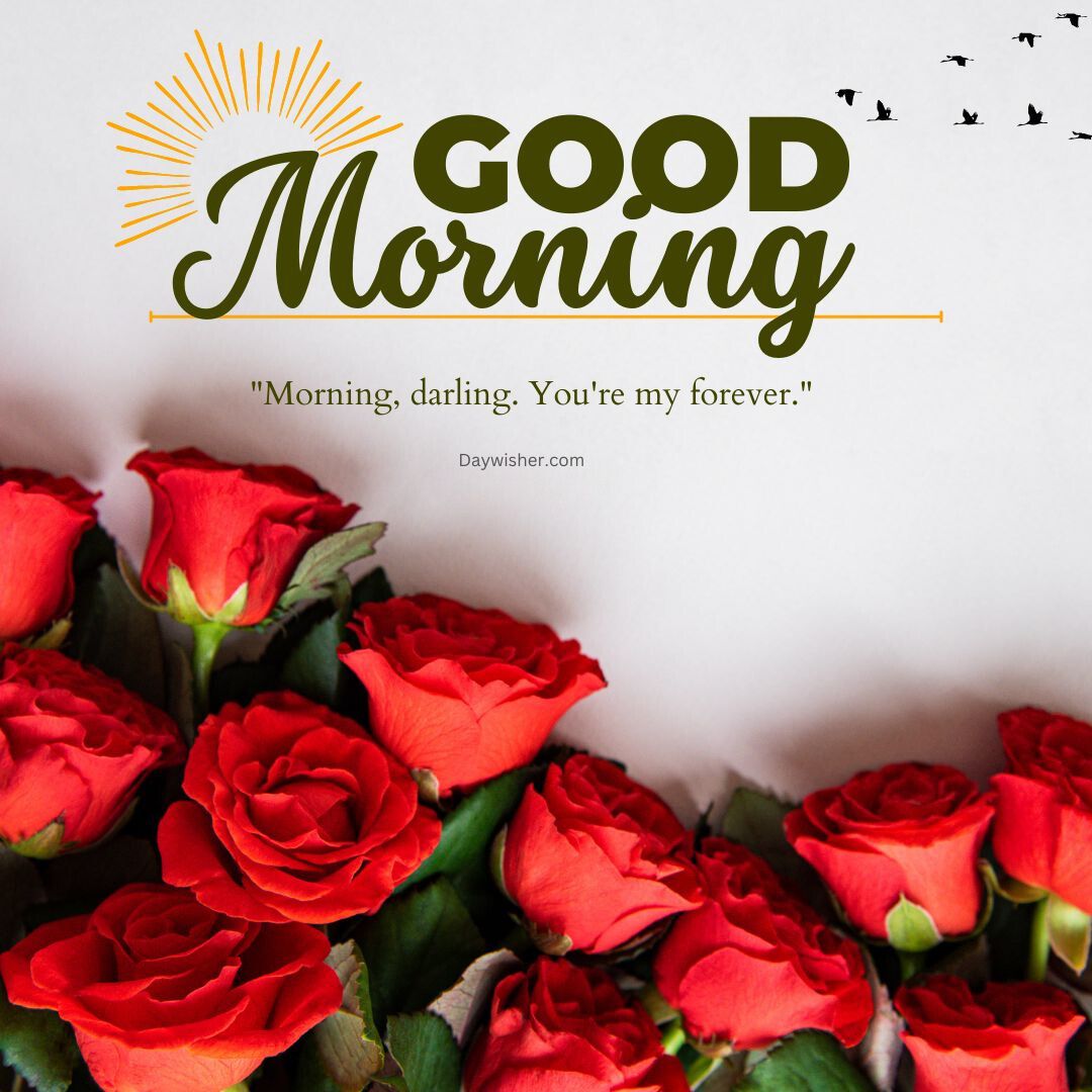A graphic with the words "Good Morning Love" in bold letters, sunburst design above, and a quote underneath that reads "morning, darling. you're my forever." The background features a