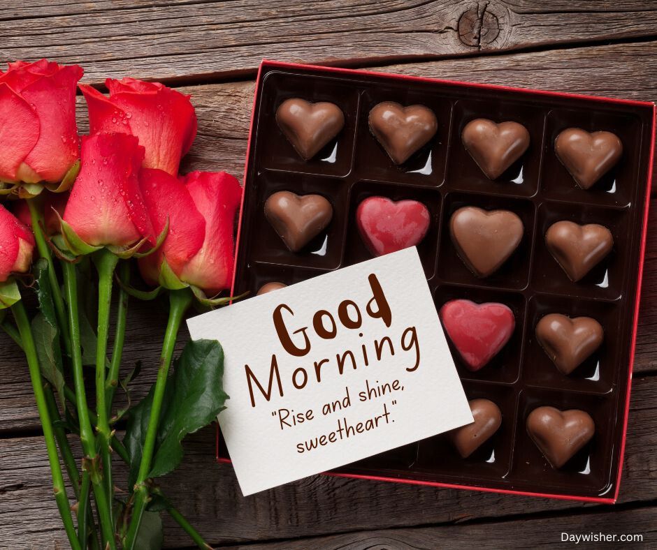 A box of chocolate hearts next to red roses and a note saying "good morning love" on a wooden background.
