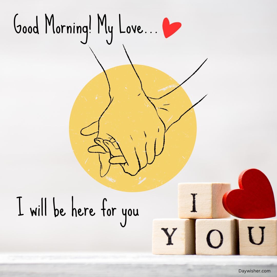 An illustration featuring two hands interlocked in a promise gesture, with "Good Morning! My love..." and "I will be here for you" text, plus wooden blocks spelling "you" and two