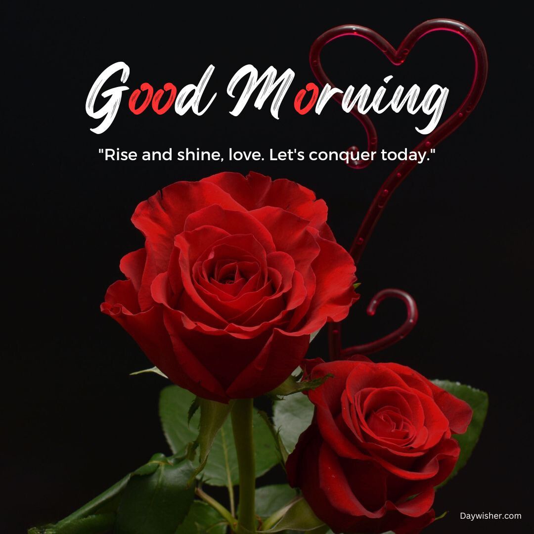 Image of two red roses with a heart-shaped decoration above them. The text "good morning, love" and the quote "rise and shine, love. let's conquer today." are overlaid on