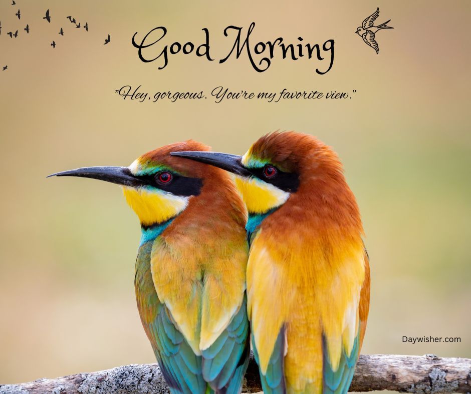 Two vibrant European bee-eaters perched closely on a branch, with a "Good Morning Love" message and a compliment "hey, gorgeous. you’re my favorite view." above them, set against