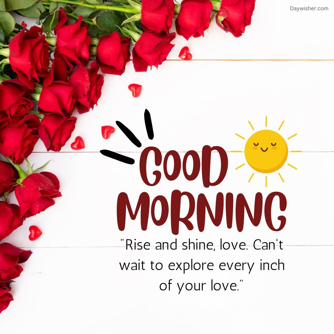 A cheerful "Good Morning Love" graphic with a smiling sun icon and a romantic quote, surrounded by a border of red roses against a white background.