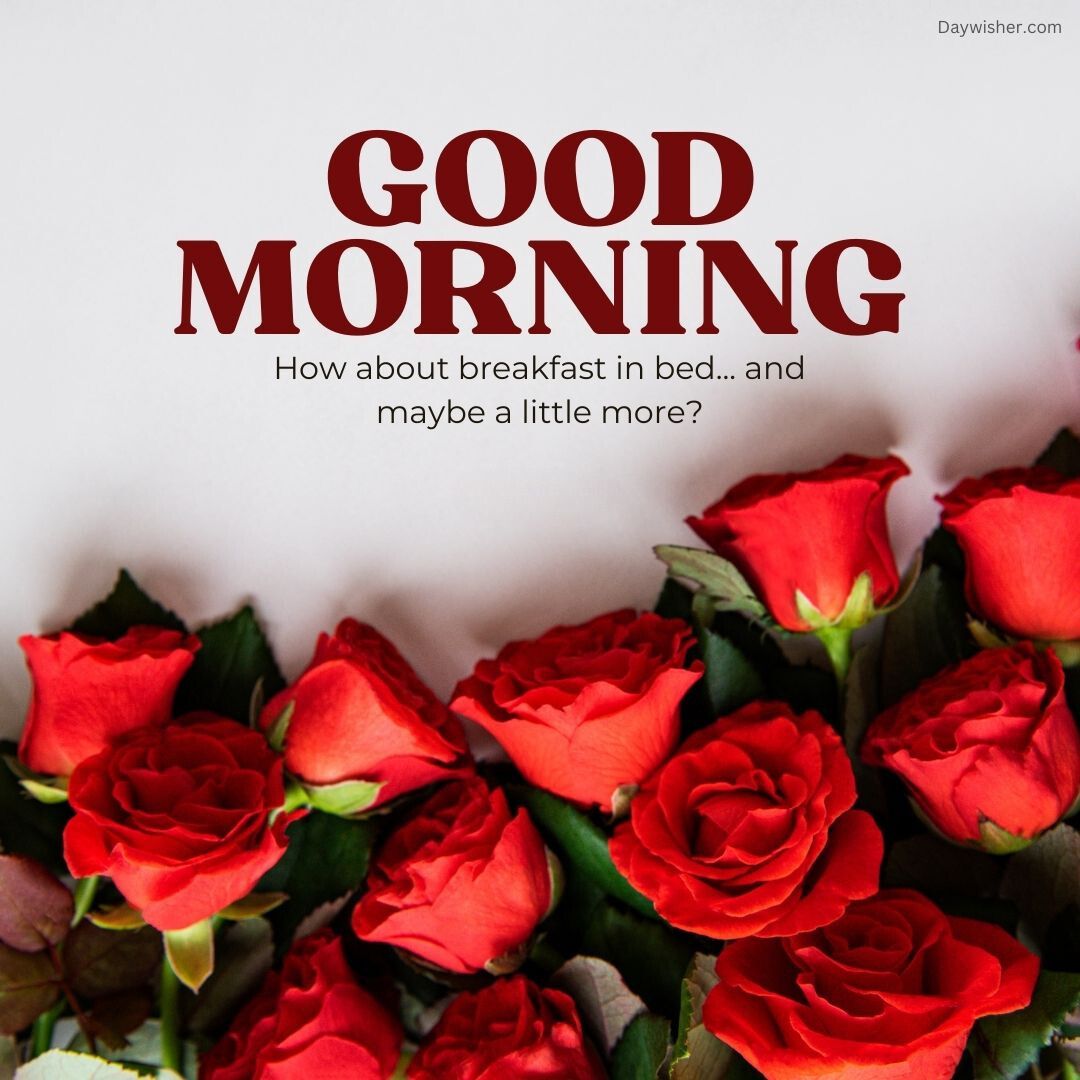 An image featuring bright red roses scattered on a white background with a text overlay that reads "Good Morning Love. How about breakfast in bed... and maybe a little more?"