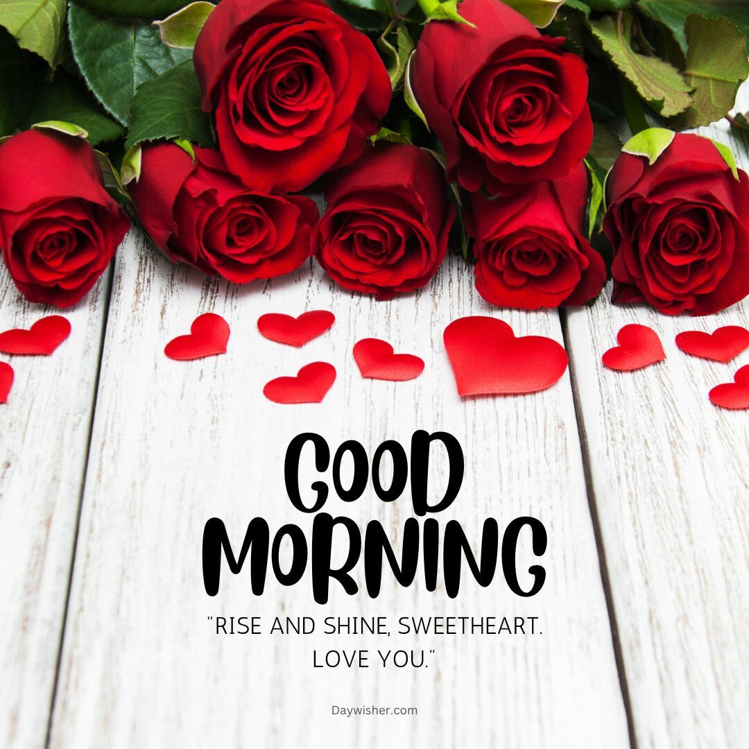 A bright, engaging Good Morning Love image featuring a bouquet of red roses against a rustic white wooden background, decorated with small red hearts, and a message saying "good morning" and "rise and shine