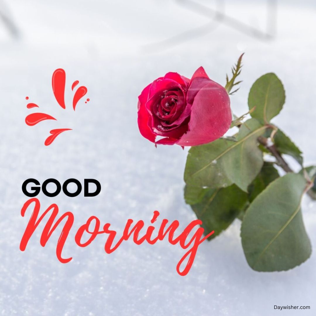 A vibrant red rose with its stem and leaves laying on fresh snow, accompanied by a graphic saying "Good Morning Love" in bold red letters with a decorative orange splash above.