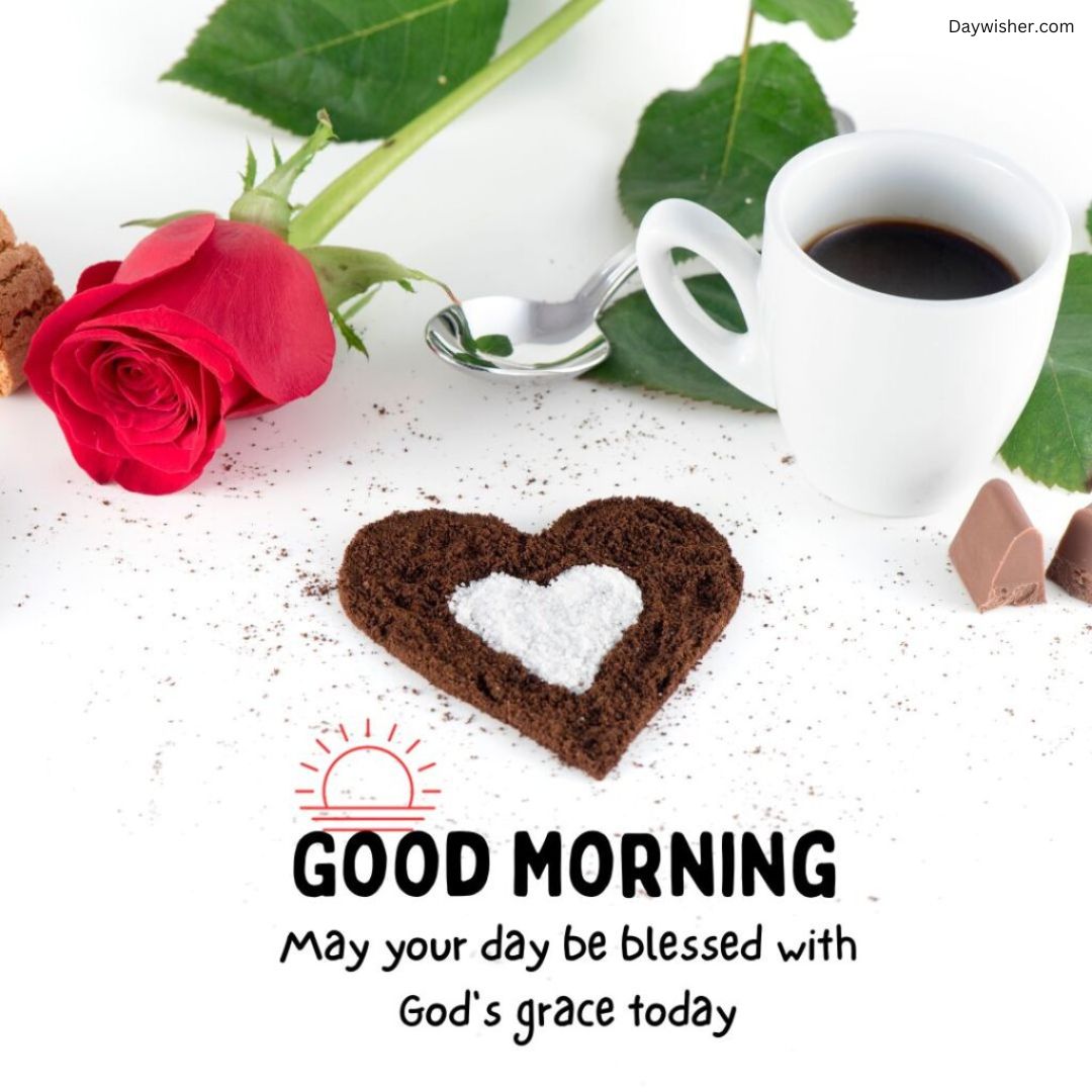 A morning greeting card featuring a cup of coffee, a red rose, pieces of chocolate, and a heart-shaped brownie with a powdered sugar heart on a white surface. The text reads "Good Morning