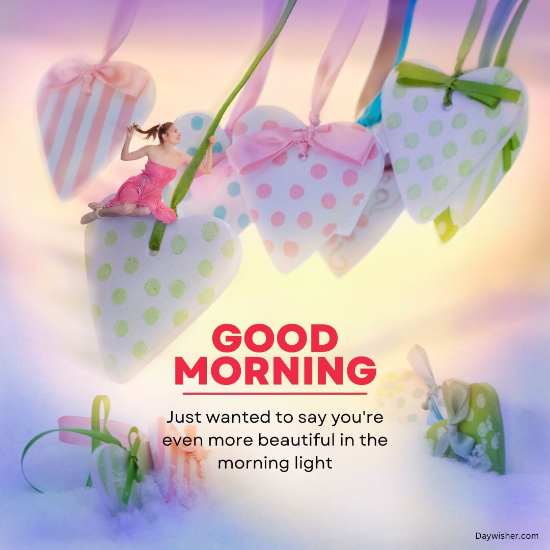 A whimsical image depicting a tiny girl sitting atop a pink polka-dotted heart hanging by a ribbon, with similar hearts around and a cheery "good morning love" message below her.