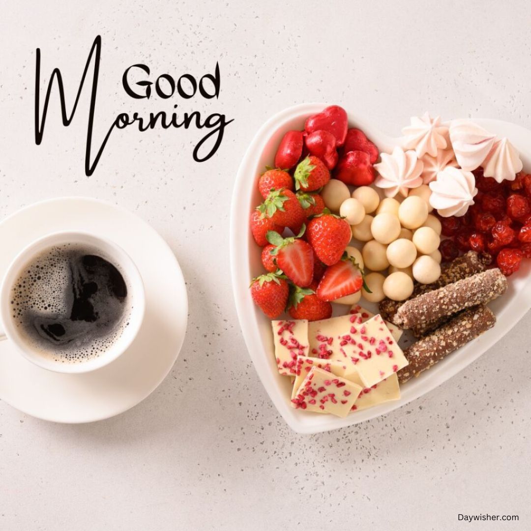 A heart-shaped plate filled with strawberries, chocolates, and candies next to a cup of coffee with "Good Morning Love" written in elegant script on a light background.