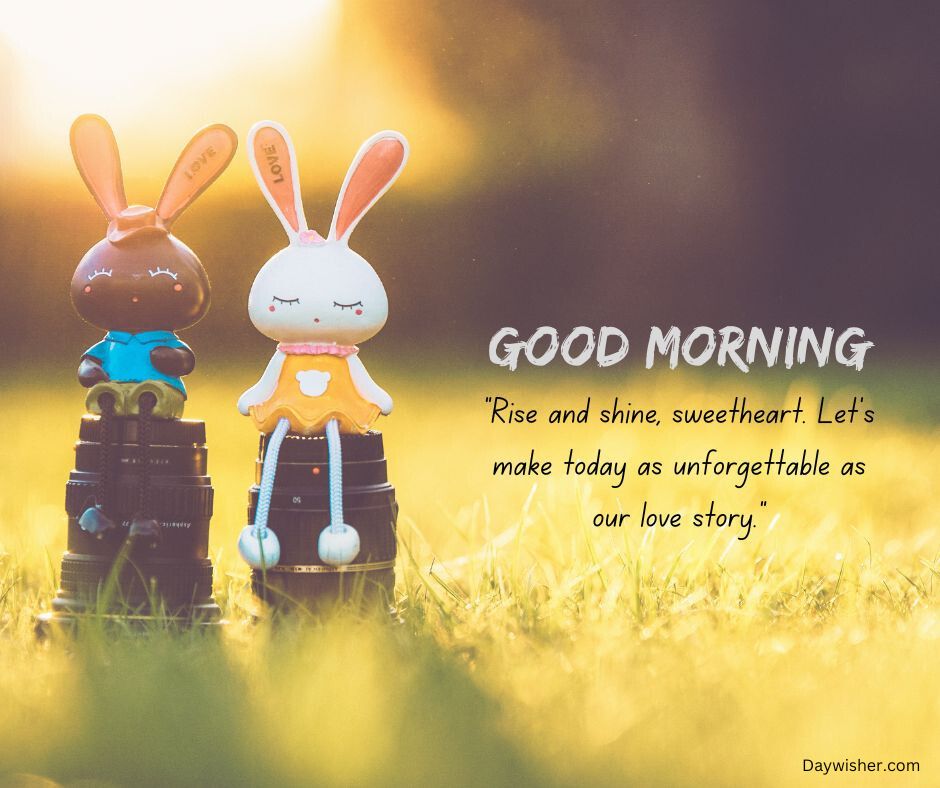 Two cartoon-style rabbit figurines on grass, one dressed in a knight costume, the other with a heart. Lit warmly by sunlight, with text that says "Good Morning Love" and an inspirational quote