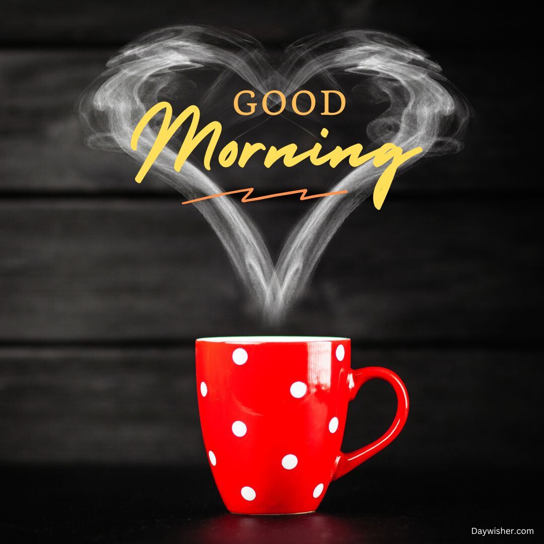 A red mug with white polka dots on a dark wooden table, steam rising in heart shapes above it. The words "Good Morning Love" are written in yellow cursive script against a dark background