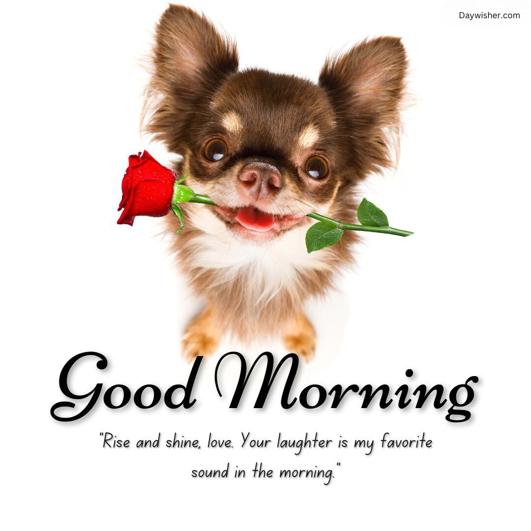 A cheerful chihuahua holding a red rose in its mouth, against a white background, with the text "Good morning love" and "Rise and shine, your laughter is my favorite sound