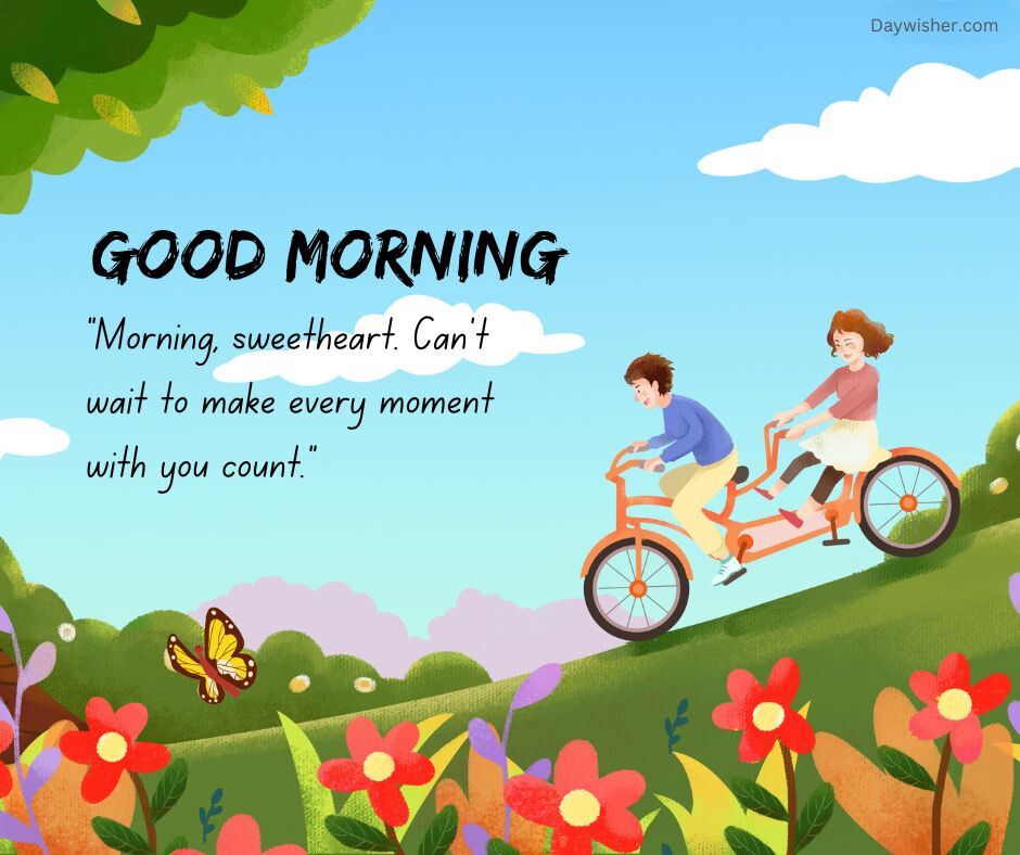 Illustration of a couple riding a tandem bicycle through a colorful meadow with flowers and a butterfly, under a blue sky, with text saying "Good Morning Love" and a loving quote.