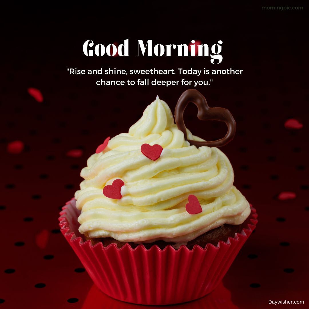 A cupcake with yellow frosting and small red heart sprinkles, presented in a red wrapper against a red background with rose petals. The text reads "Good Morning Love," accompanied by a quote about love