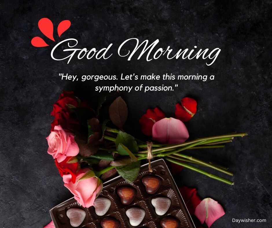 A dark background with a "Good Morning Love" message, featuring a bouquet of pink roses and a box of heart-shaped chocolates. The text overlay says, "Hey, gorgeous. Let's make this