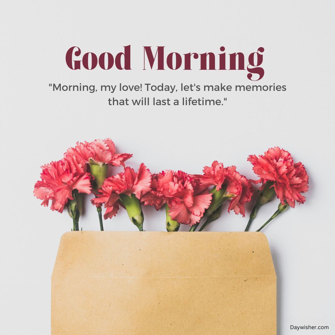 A graphic featuring the text "Good Morning Love" above a quote, "Morning, my love! Today, let's make memories that will last a lifetime," with pink carnations peeking from