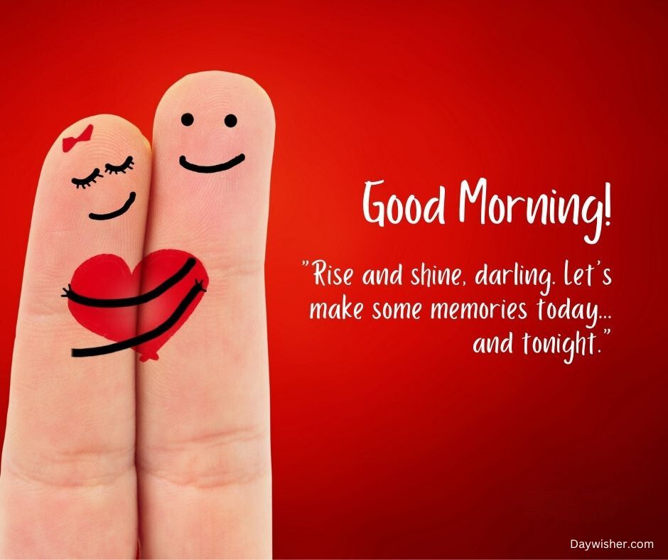 Two fingers decorated as a smiling couple, the female with a heart and eyelashes and the male smiling, holding a heart against a red background with a "Good Morning Love!" greeting.