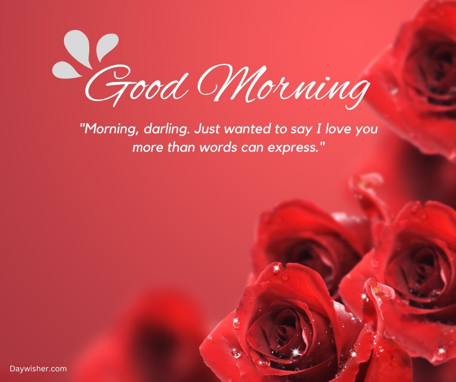 Image showing a close-up of dewy red roses with a "Good Morning Love" greeting and a romantic quote saying "Morning, darling. Just wanted to say I love you more than words can express