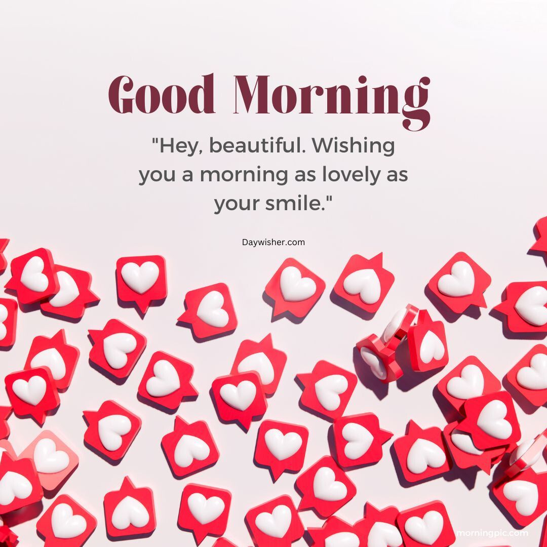 The image displays a "Good Morning Love" greeting with a quote and scattered red and white hearts on a pale background. The quote says, "Hey, beautiful. Wishing you a morning as lovely
