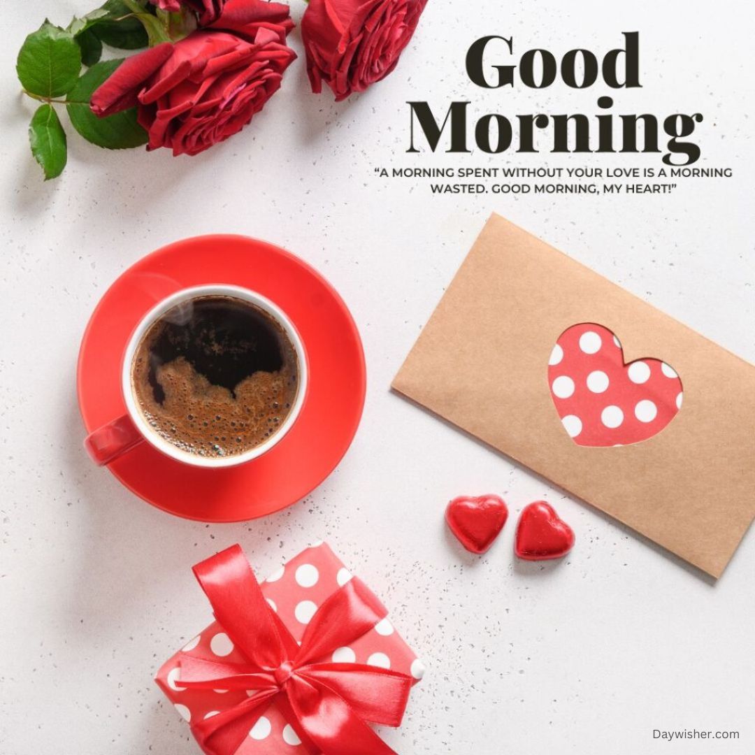 A cheerful "Good Morning Love" image featuring a cup of coffee, red roses, a heart-decorated card, and a gift with a red bow on a white background.