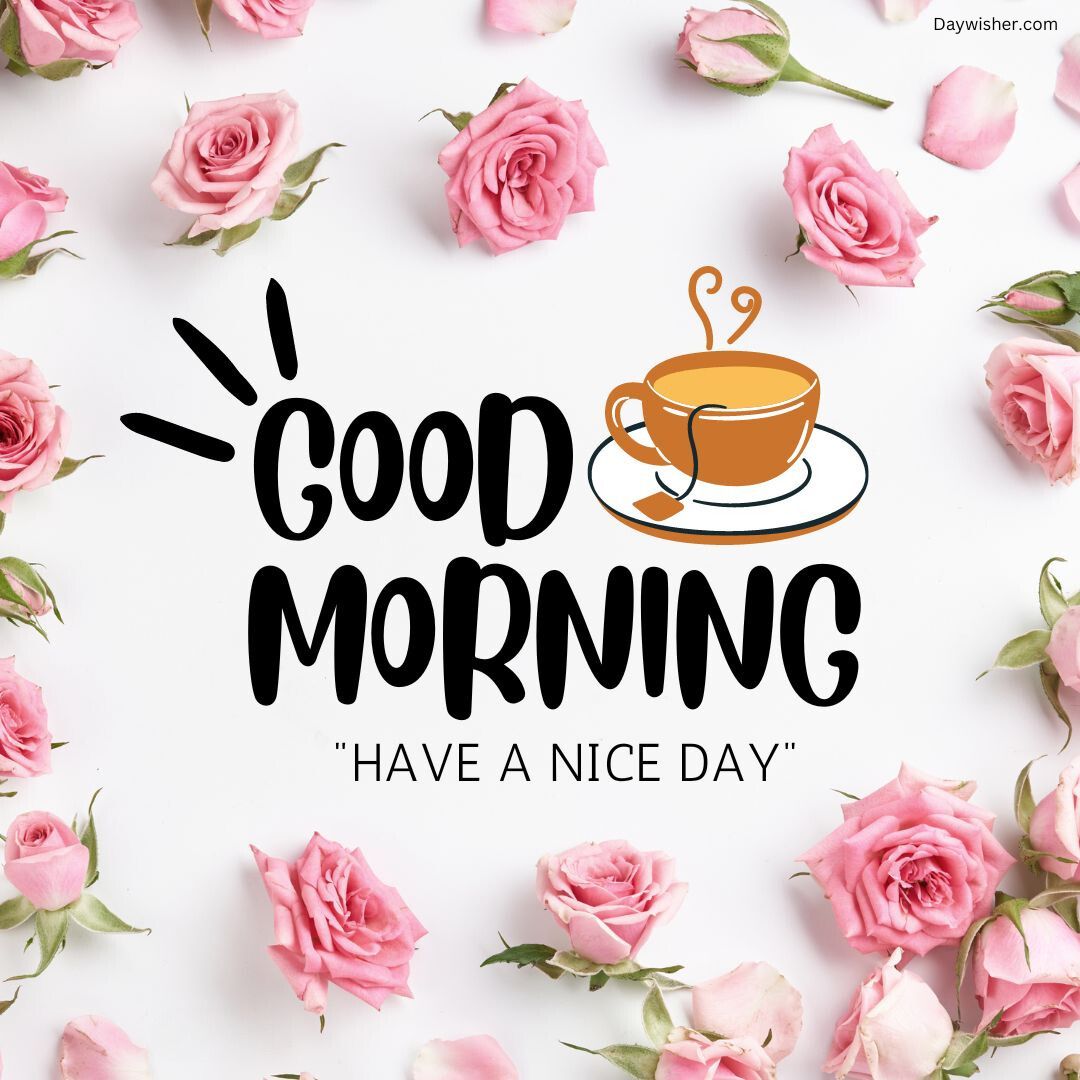 A cheerful "good morning" graphic with a steaming cup of coffee and the message "have a nice day" surrounded by pink roses on a white background, depicting one of those special beautiful good morning